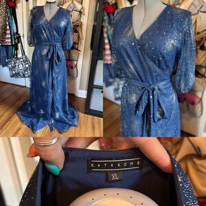 Katakomb blue wrap dress with silver sparkles. Worn once, excellent condition!